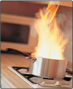 A stovetop pot engulfed in flames